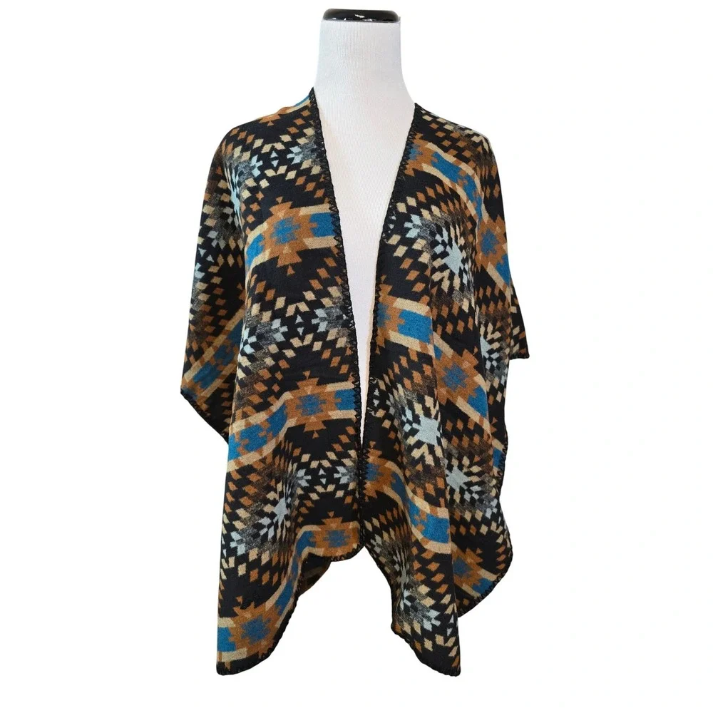 FADIVO NEW‎ YORK Southwest Print Open Front Poncho Shawl Wrap New
